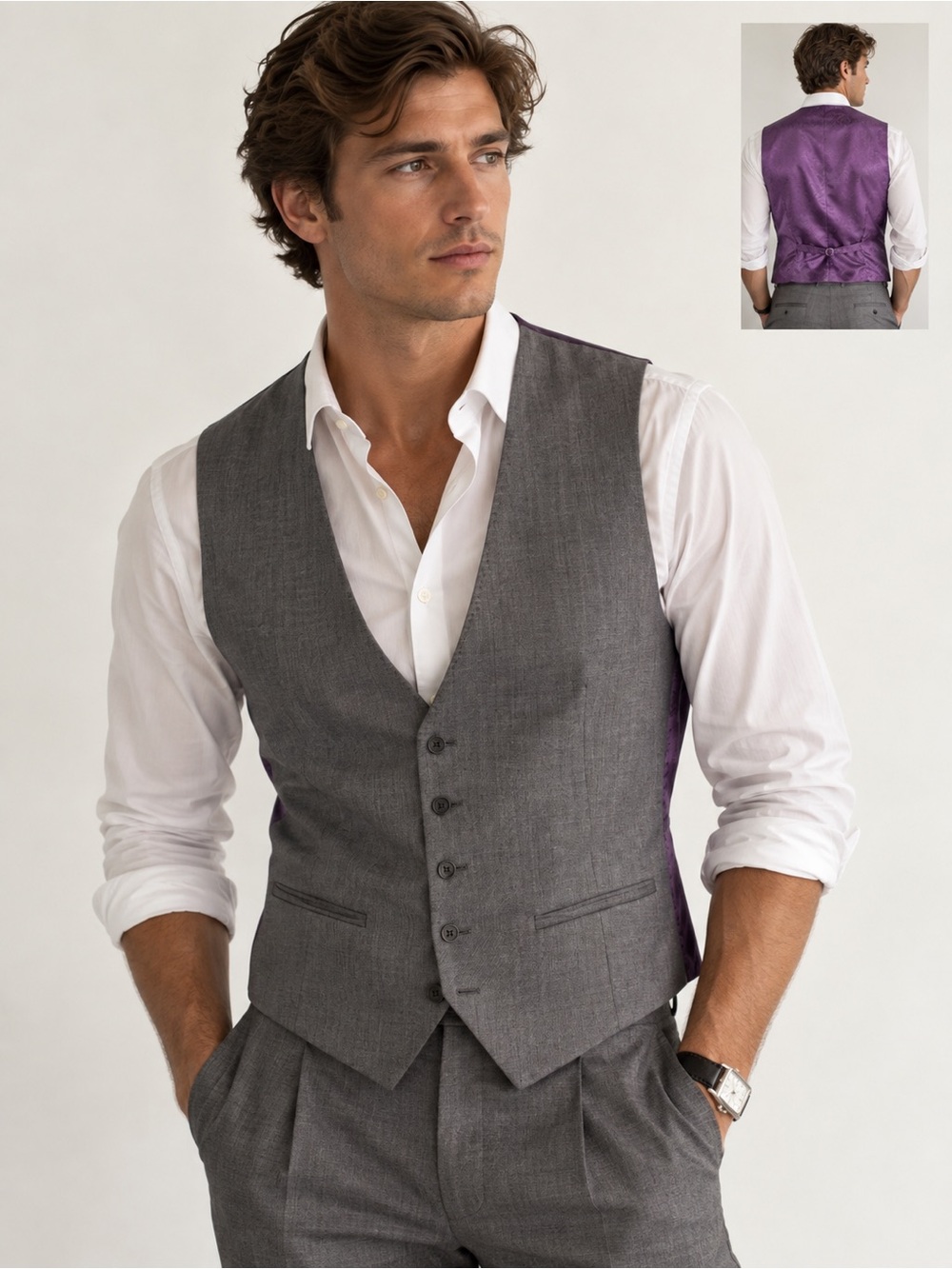 Ted Baker Wool Silk Vest Size 42R Grey Adjustable Four Button Formal Wedding